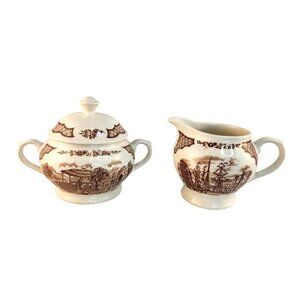 Alfred Meakin Fair Winds Creamer & Sugar Bowl Set With Lid Brown Transferware St